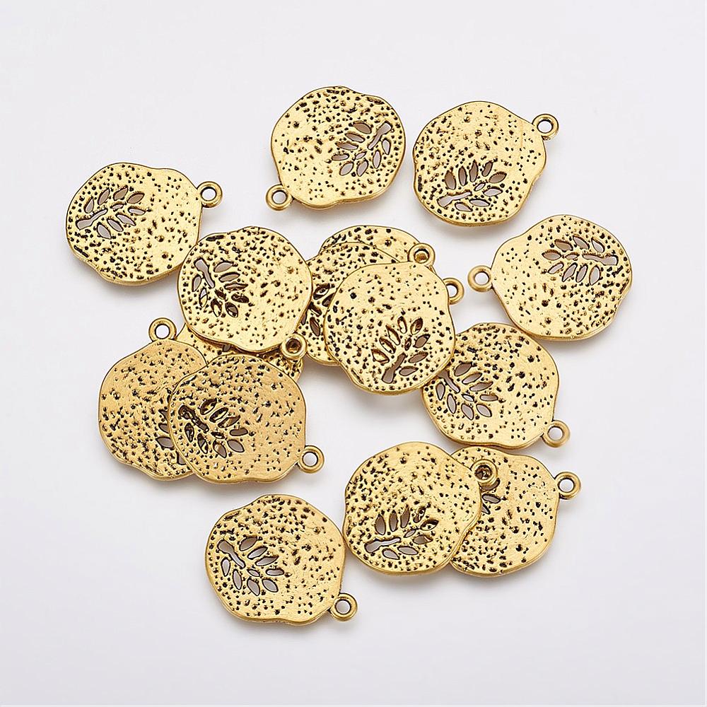 PandaHall Tibetan Style Pendants, Lead Free & Nickel Free, Flat Round with Leaf, Antique Golden, 22x18x1mm, Hole: 1mm Alloy Flat Round