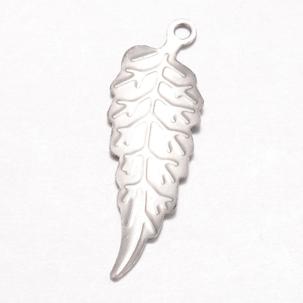 PandaHall 304 Stainless Steel Pendants, Leaf, Stainless Steel Color, 29x9.5x0.5mm, Hole: 1.5mm Stainless Steel Leaf