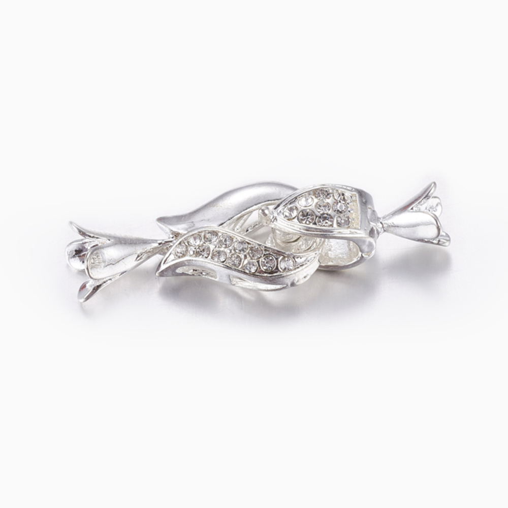 PandaHall Alloy Rhinestone Magnetic Clasps, Grade A, Flower, Silver, 41x14x8mm Alloy+Rhinestone Flower