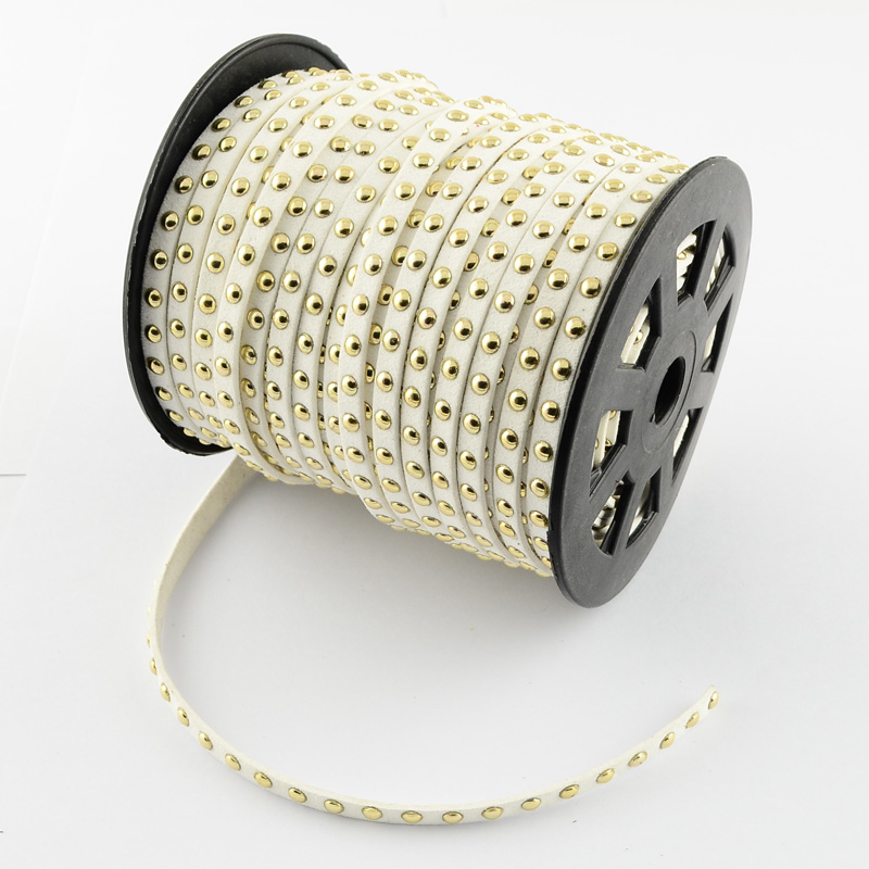 PandaHall Faux Suede Cord, Faux Suede Lace, with Golden Alloy Rivet, for Punk Rock Jewelry Making, White, 6x2.5mm; 50yards/roll Suede White