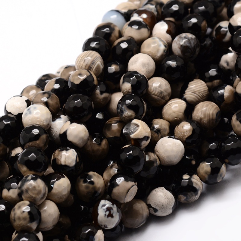 PandaHall Dyed Natural Agate Faceted Round Beads Strands, Black, 8mm, Hole: 1mm; about 48pcs/strand, 15.3" Natural Agate Round Black