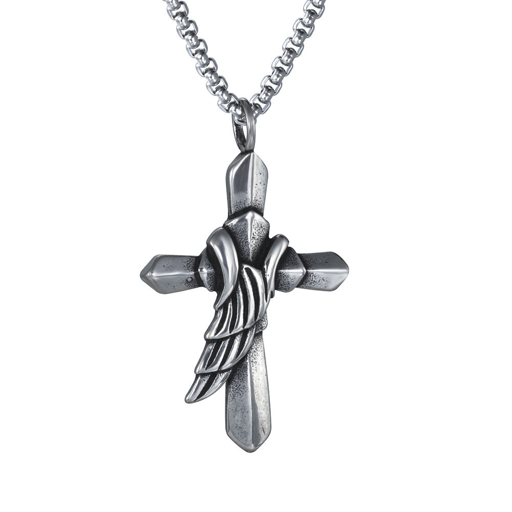 PandaHall 304 Stainless Steel Big Pendants, Cross with Wing, Antique Silver, 54.2x32.6mm Stainless Steel Cross