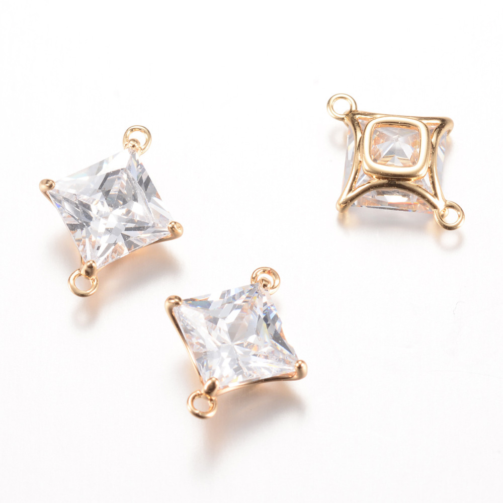 PandaHall Brass Micro Pave Cubic Zirconia Links, Rhombus, Light Gold, 12.5x10x4~4.5mm, Hole: 1mm Brass+Cubic Zirconia Rhombus