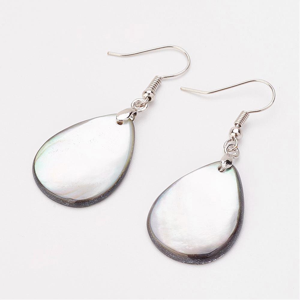 PandaHall Natural Shell Dangle Earrings, with Brass Findings, Drop, 46mm; pin: 0.5mm Shell White