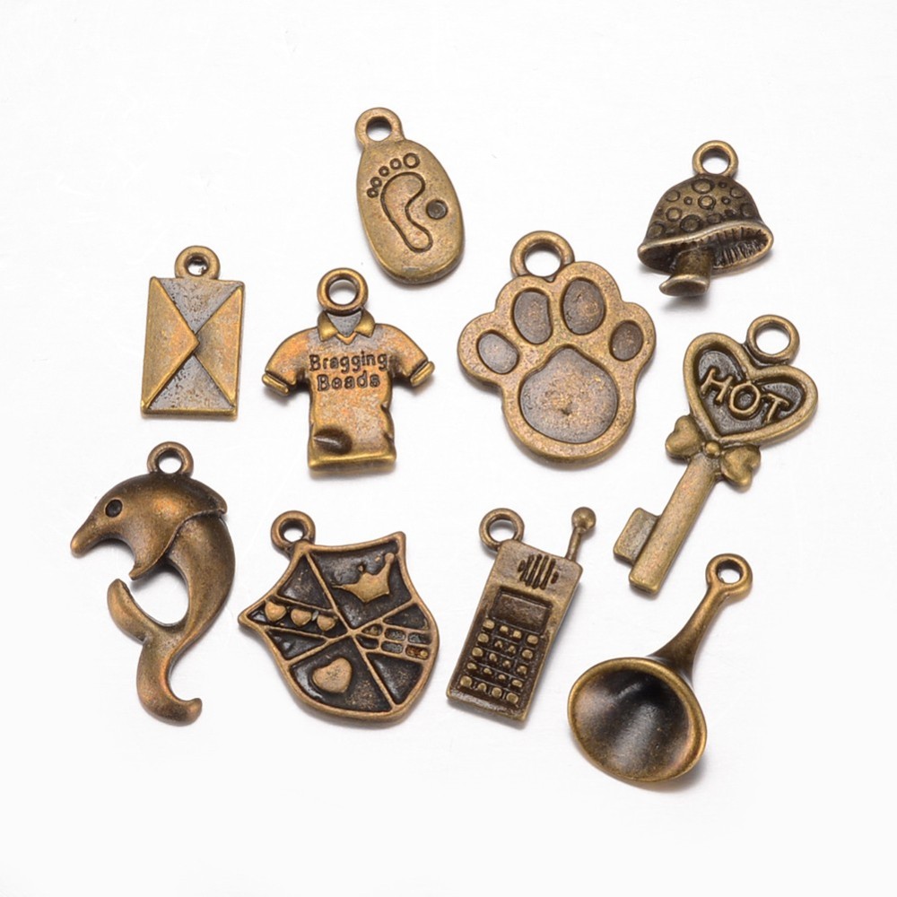 PandaHall Tibetan Style Alloy Pendants, Mixed Shapes, Antique Bronze, 15~30x9~20x2~6mm, Hole: 1.5~3mm; 10pcs/set Alloy Mixed Shapes