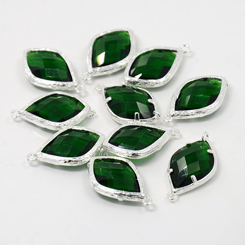 PandaHall Silver Plated Brass Glass Links, Faceted Rhombus, Green, 22x14x6mm, Hole: 1mm Glass Rhombus Silver