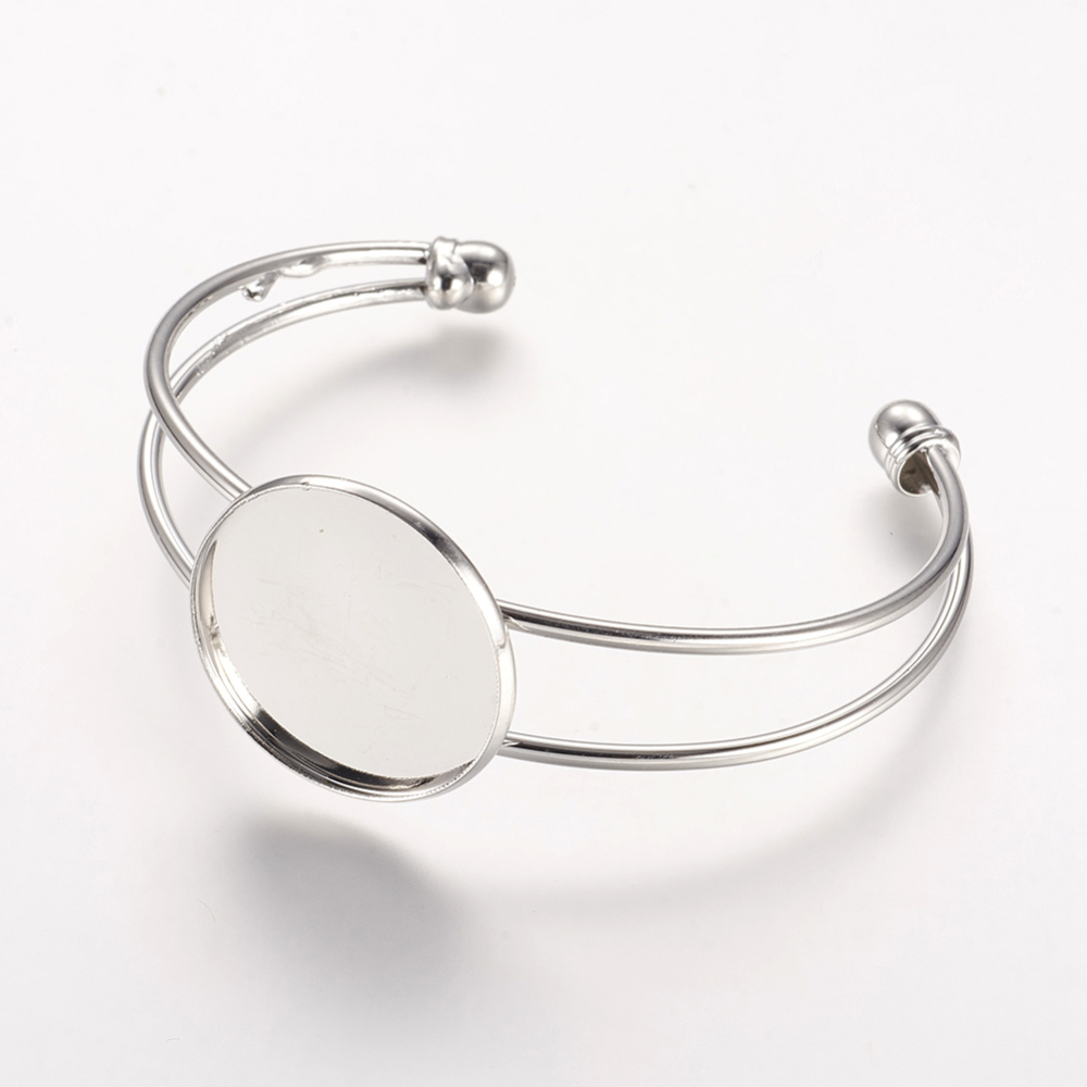 PandaHall Brass Cuff Bangle Makings, Bangle Blanks, with Flat Round Tray, Platinum, 60mm, Tray: 25mm Brass