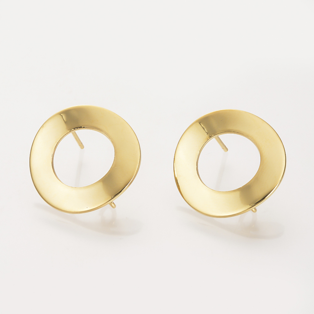 PandaHall Ear Stud Findings, Real Gold Plated, Ring, 18mm, Hole: 2mm; Pin: 0.8mm Brass