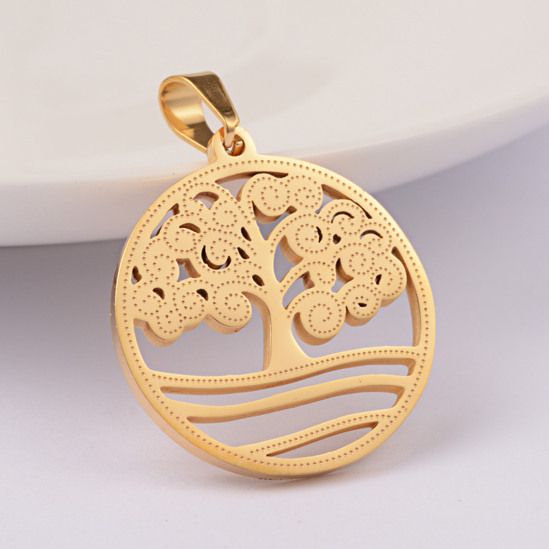 PandaHall 304 Stainless Steel Pendants, Flat Round with Tree, Golden, 27x25x2mm, Hole: 6x4mm Stainless Steel Flat Round