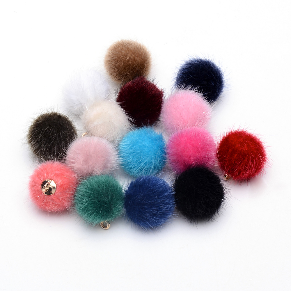 PandaHall Handmade Imitation Mink Fur Covered Pendants, with Alloy Findings, Round, Golden, Mixed Color, 16~17x13.5~14mm, Hole: 1.5mm Fibre...