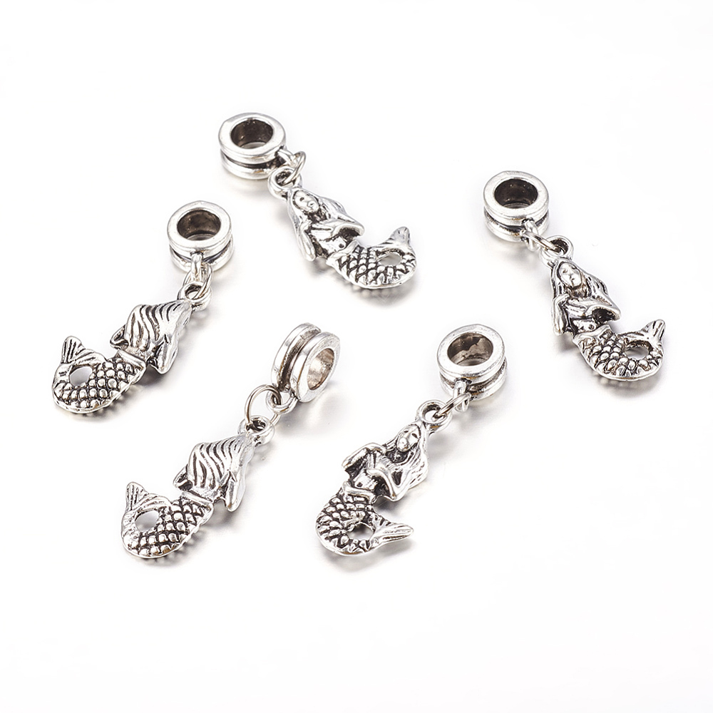 PandaHall Alloy European Dangle Beads, Mermaid, Antique Silver, 33mm, Hole: 5mm Alloy Others