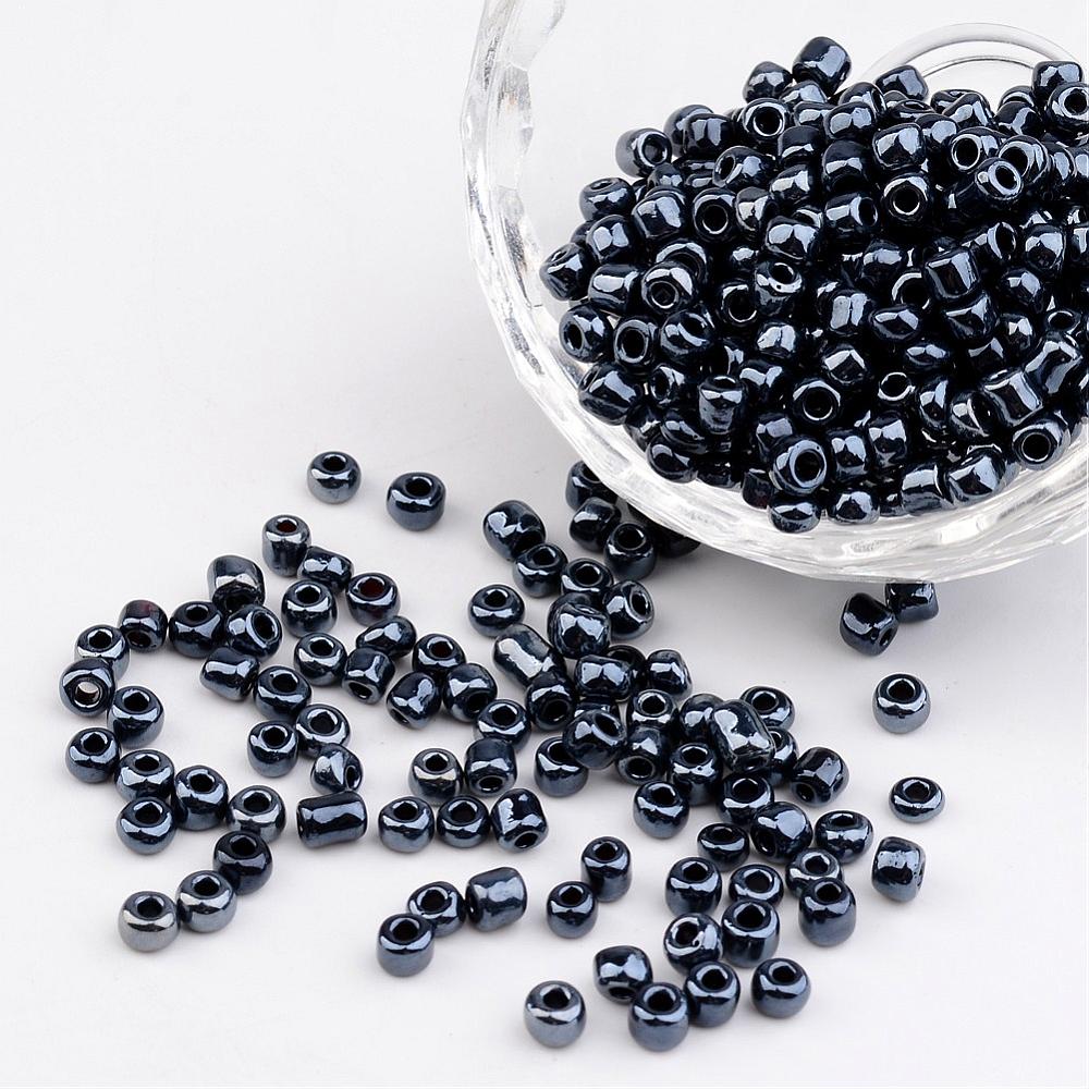 PandaHall 6/0 Electroplated Iris Round Glass Seed Beads, Black, 4mm, Hole: 1mm; about 495pcs/50g Glass Black
