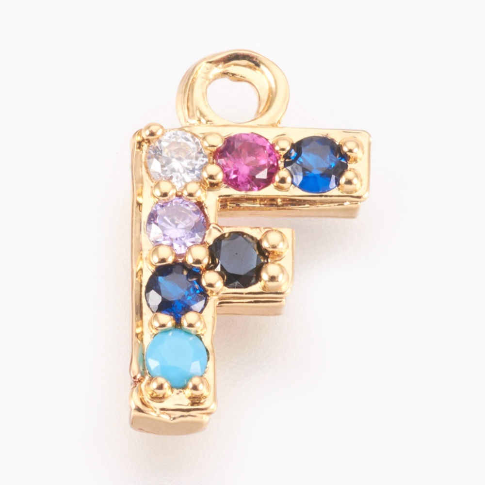 PandaHall Brass Micro Pave Cubic Zirconia Charms, Alphabet, Golden, Letter.F, 13~14x7~10x2~2.5mm, Hole: 1.5~1.8mm Brass+Cubic Zirconia...