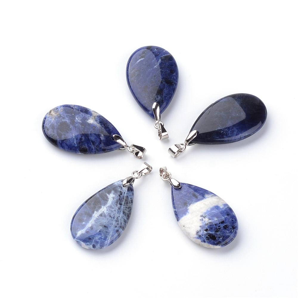 PandaHall Natural Sodalite Pendants, with Brass Findings, Drop, Platinum, 30x18x6mm, Hole: 5x4mm Sodalite Drop