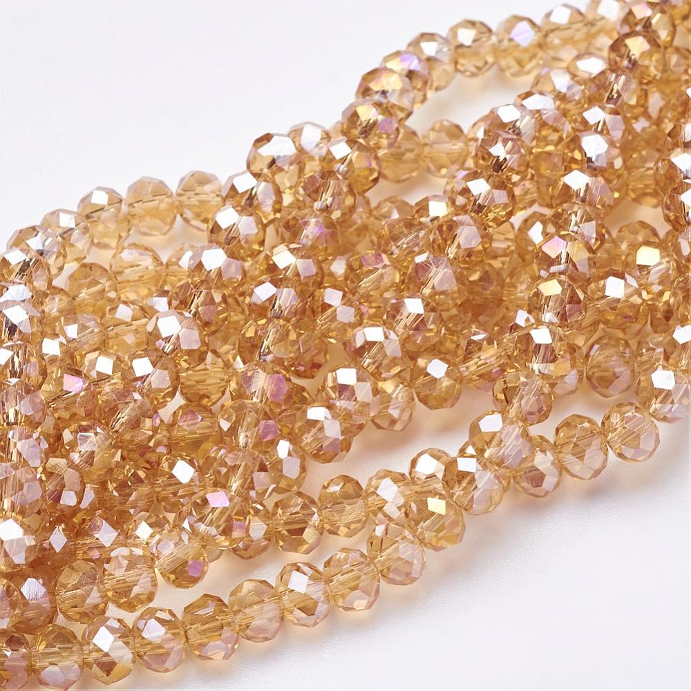 PandaHall Electroplate Glass Beads Strands, AB Color Plated, Faceted, Rondelle, LightKhaki, 6x4mm, Hole: 1mm; about 95pcs/strand, 16" Glass...