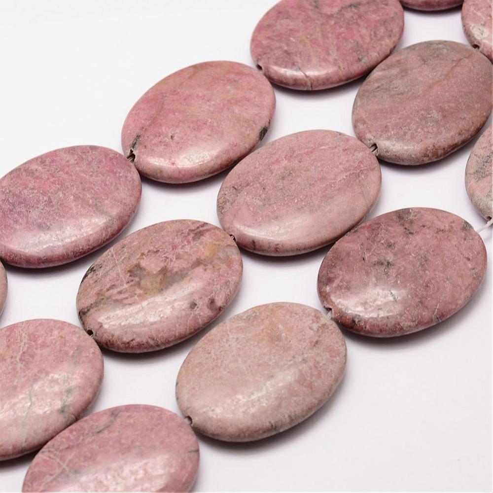 PandaHall Natural Rhodochrosite Bead Strands, Flat Oval, 40x30x7mm, Hole: 1mm; about 9pcs/strand, 14.6" Rhodochrosite Oval