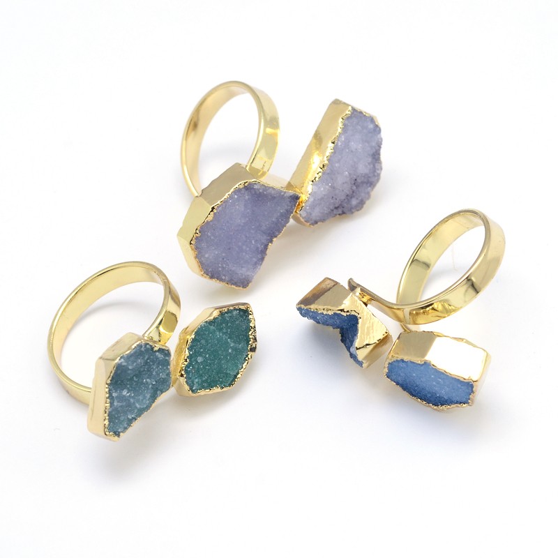 PandaHall Golden Tone Brass Druzy Natural Agate Wide Band Finger Rings, Mixed Color, 18mm Natural Agate Multicolor