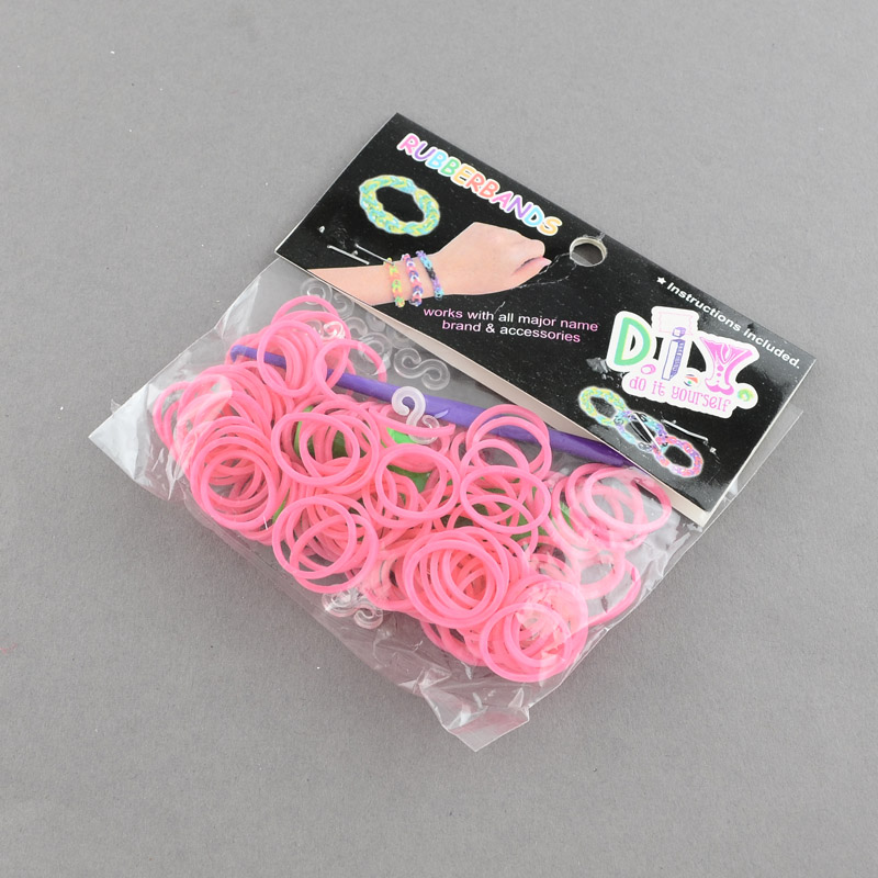 PandaHall DIY Rubber Loom Bands Refills with Accessories, Pink, 110x90x13mm; Band: 1mm thick Rubber Pink