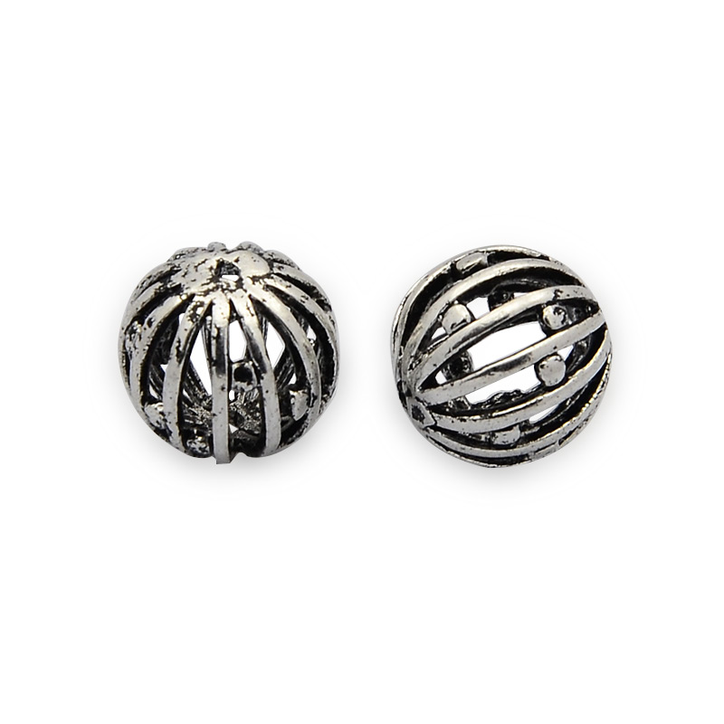 PandaHall Brass Hollow Filigree Beads, Round Corrugated Beads, Nickel Free, Antique Silver, 10mm, Hole: 1mm Brass Round