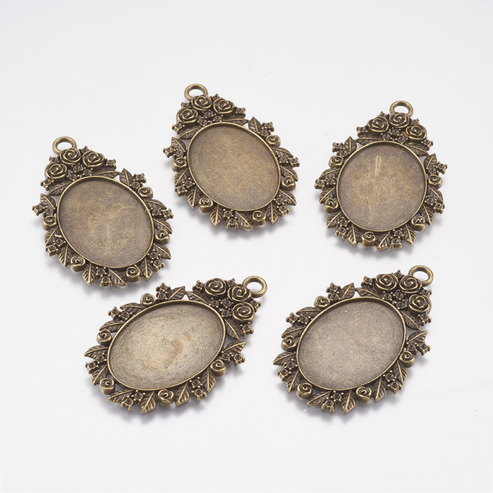PandaHall Alloy Pendant Cabochon Settings, Lead Free & Nickel Free, Oval, Antique Bronze Color, Size: about 28.5mm wide, 44mm long, 2mm...