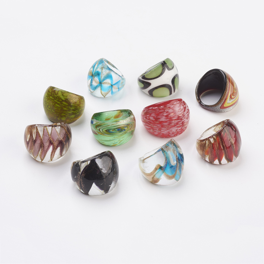 PandaHall Mixed Handmade Lampwork Wide Band Rings, Mixed Color, 19~20mm Lampwork Multicolor