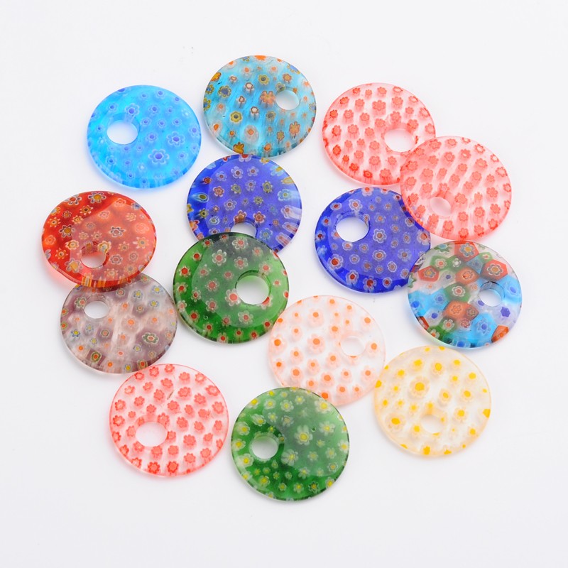 PandaHall Flat Round Handmade Millefiori Glass Pendants, Mixed Color, 29~30x4~5mm, Hole: 6~9mm Millefiori Lampwork Flat Round Multicolor