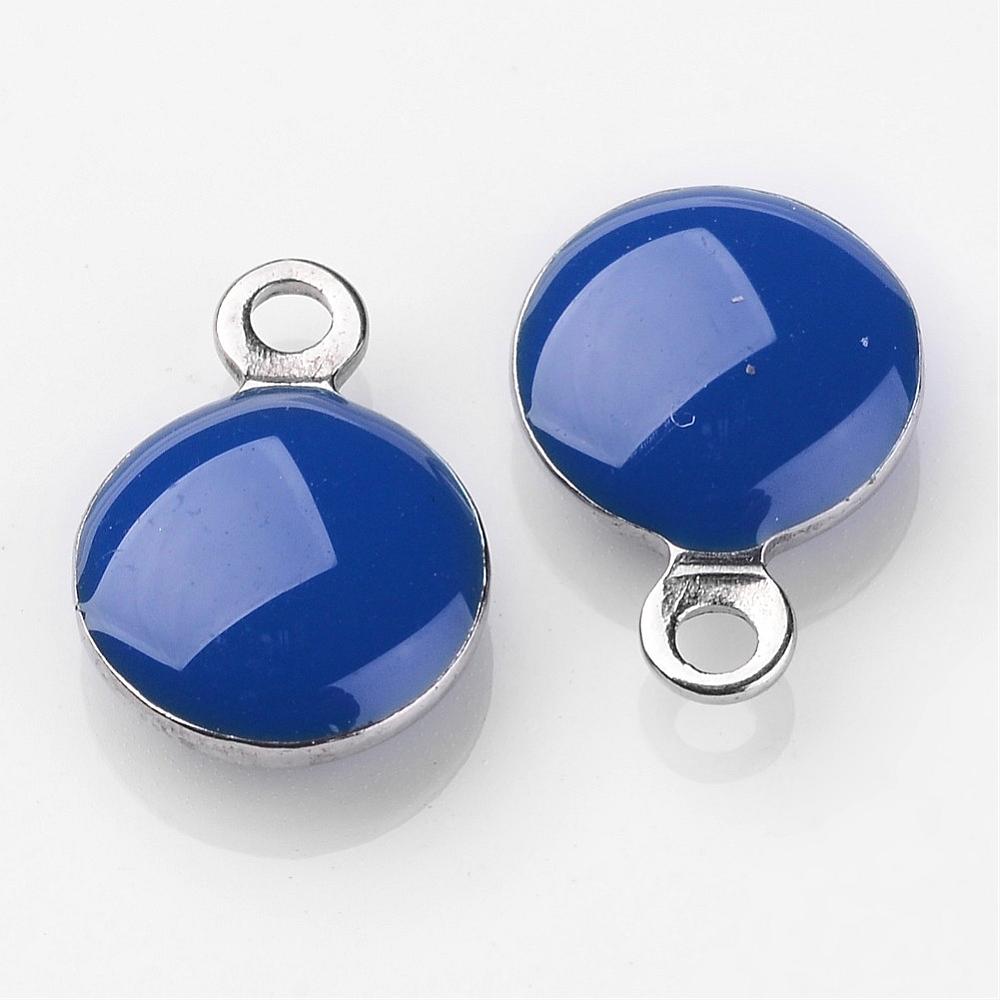 PandaHall Stainless Steel Enamel Charms, Flat Round, Blue, 11x8x3mm, Hole: 1mm Stainless Steel+Enamel Flat Round Blue