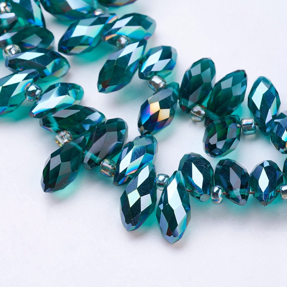 PandaHall Electroplate Glass Beads Strands, Half Rainbow Plated, Faceted, Drop, Teal, 12x6x6mm, Hole: 1mm Drop Cyan
