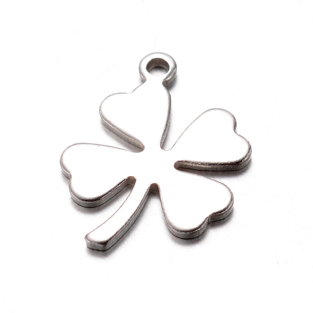 PandaHall 304 Stainless Steel Charms, Clover, Stainless Steel Color, 13x9.5x0.7mm, Hole: 1mm Stainless Steel Clover