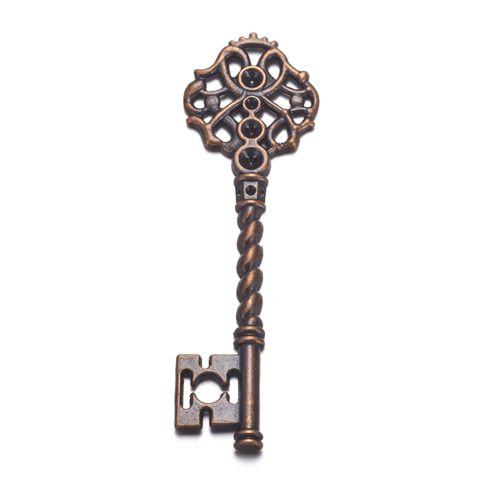 PandaHall Key Tibetan Style Pendant Rhinestone Settings, Lead Free and Cadmium Free, Red Copper Color, 68x20.5x3mm, Hole: 1mm Alloy Key