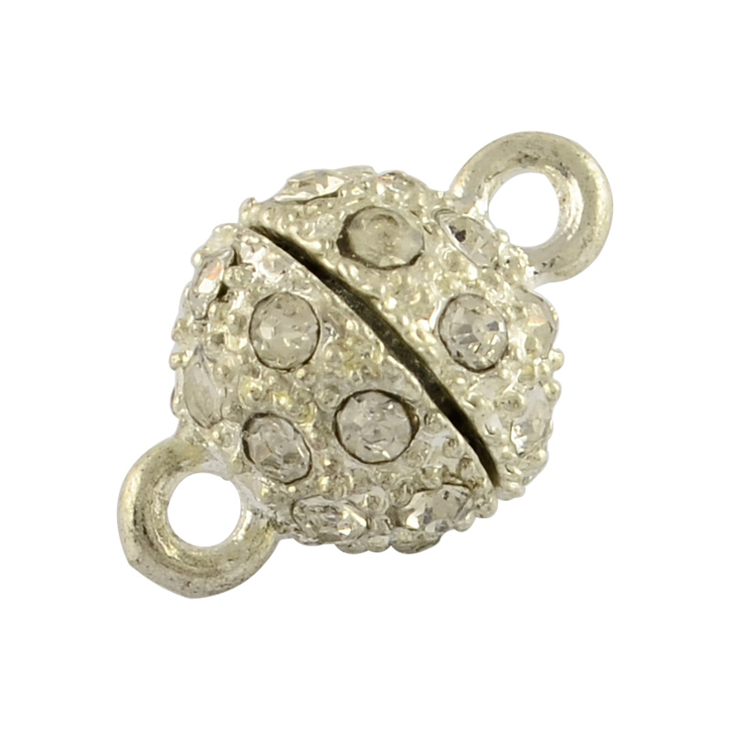 PandaHall Alloy Magnetic Clasps, with Grade A Rhinestone, Round, Silver, Crystal, 15.5x10mm, Hole: 2mm Alloy+Rhinestone Round