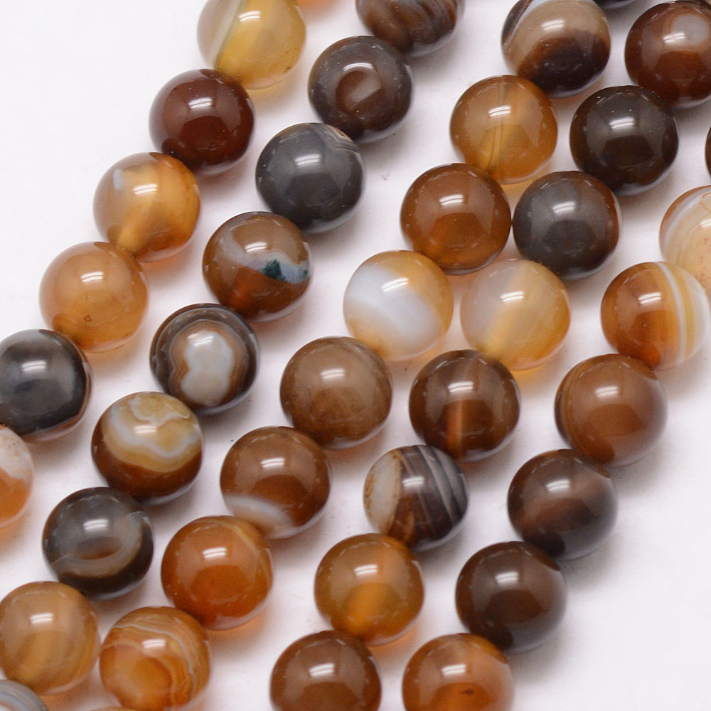 PandaHall Natural Striped Agate/Banded Agate Bead Strands, Round, Dyed & Heated, SaddleBrown, 8mm, Hole: 1mm; about 47pcs/strand, 15"...