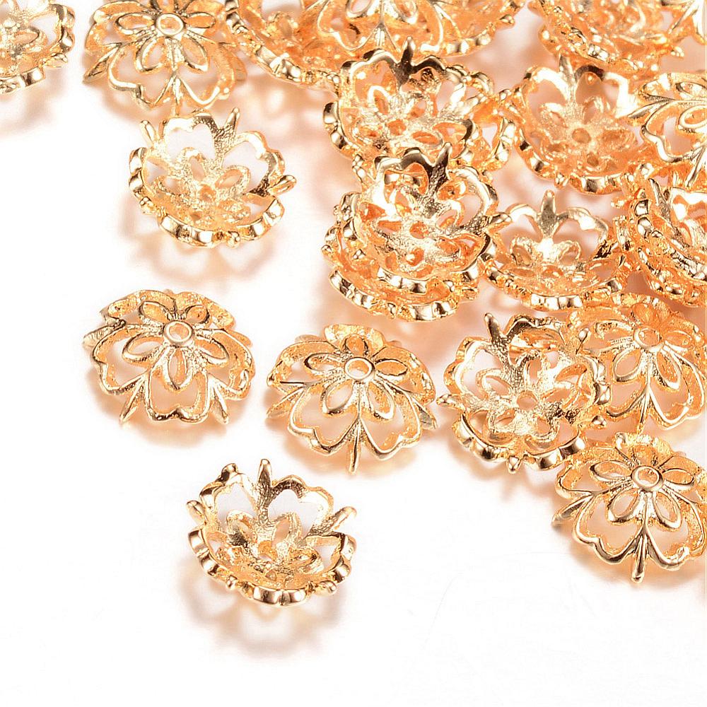 PandaHall Brass Bead Caps, Flower, Light Gold, 10x3mm, Hole: 1mm Brass