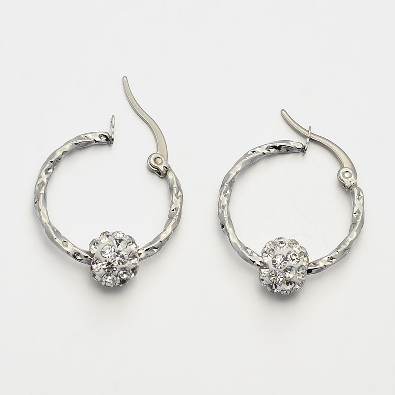 PandaHall 304 Stainless Steel Ring Hoop Earrings, with Polymer Clay Rhinestone Beads, Stainless Steel Color, 21.5x1.8mm; Pin: 0.8mm...