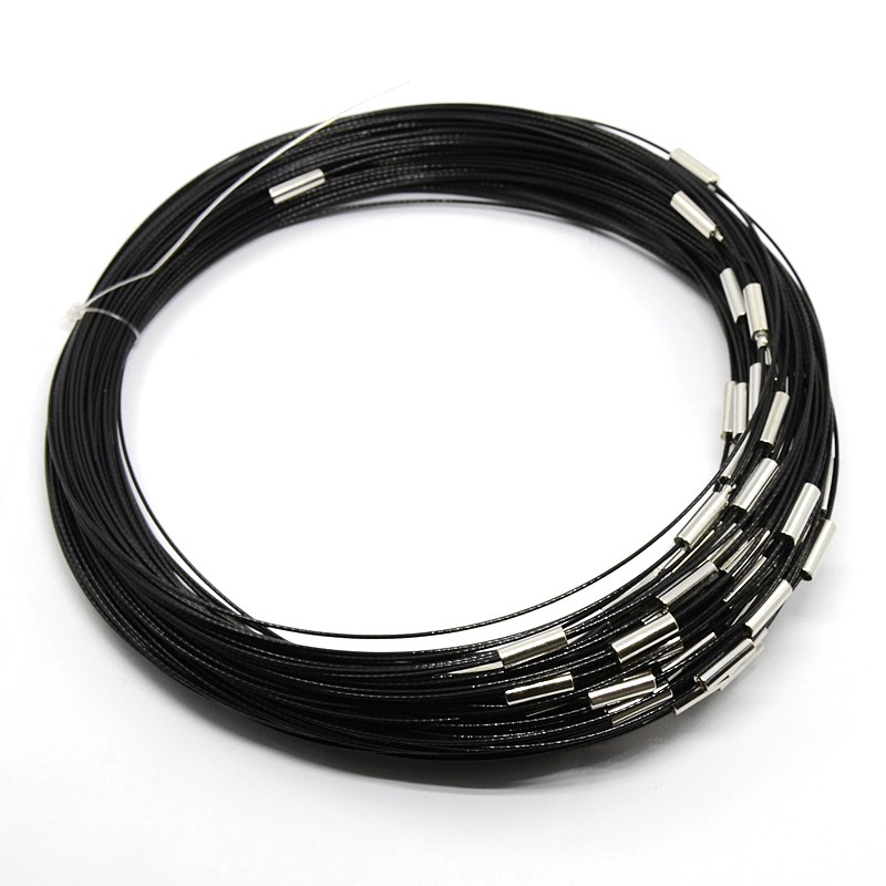PandaHall Necklace Loop with Brass Clasps, Made of Steel Wire, Black, 17.5"; 1mm Steel Black