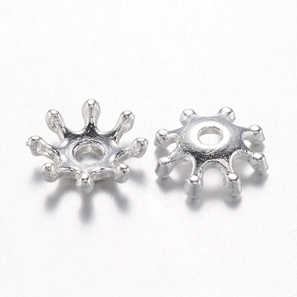 PandaHall Alloy Bead Caps, Flower, More-Petal, Silver, 8x2.5mm, Hole: 1.5mm Alloy Silver