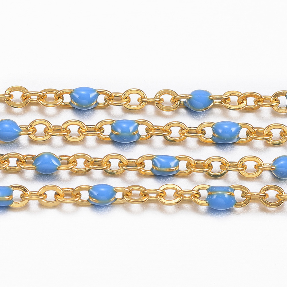 PandaHall 304 Stainless Steel Cable Chains, with Spool, with Enamel, Golden, DodgerBlue, Links: 2x1.5x0.5mm; 10m/Roll Stainless Steel Blue