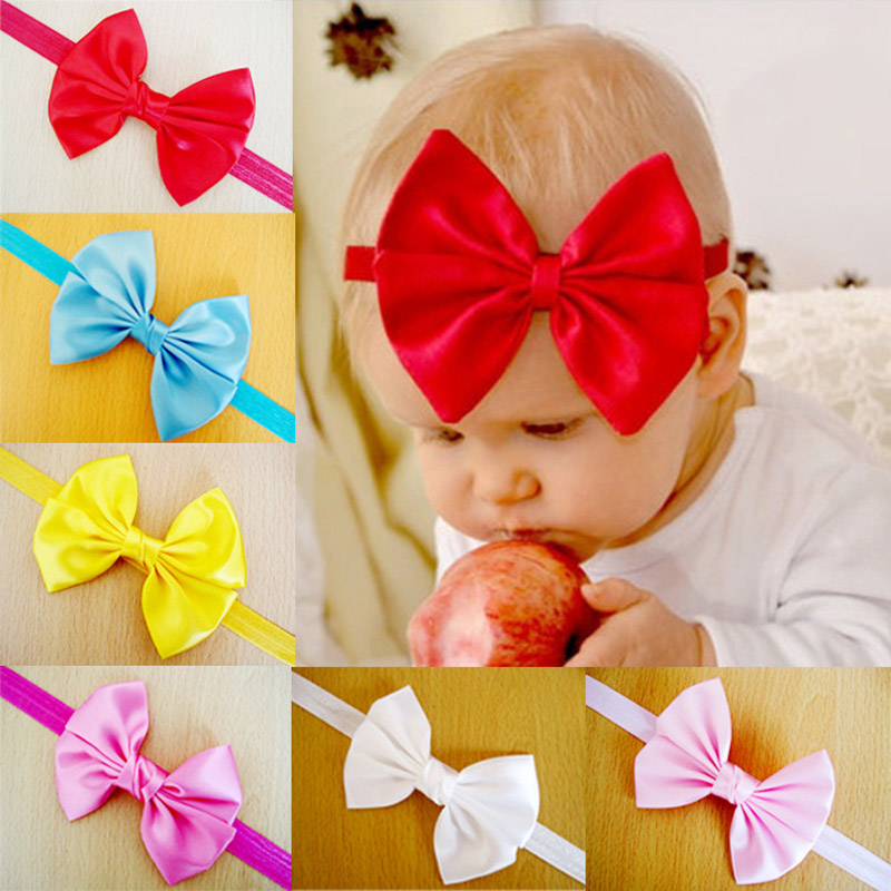 PandaHall Elastic Baby Headbands, with Random Color Elastic Cord, Cloth Ribbon Girl Hair Bows, Mixed Color, 112mm Cloth Multicolor