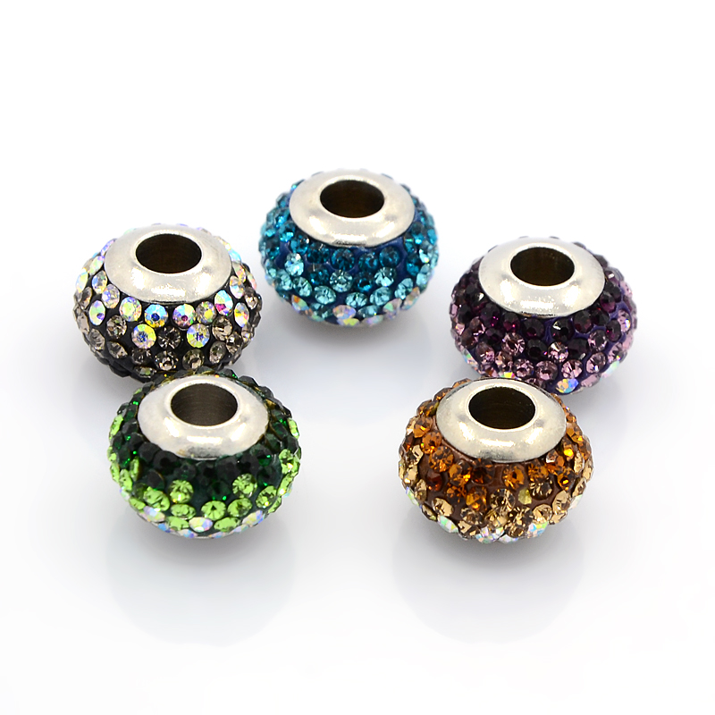 PandaHall 304 Stainless Steel Polymer Clay Rhinestone European Beads, Stainless Steel Color Core, Large Hole Rondelle Beads, Mixed Color...