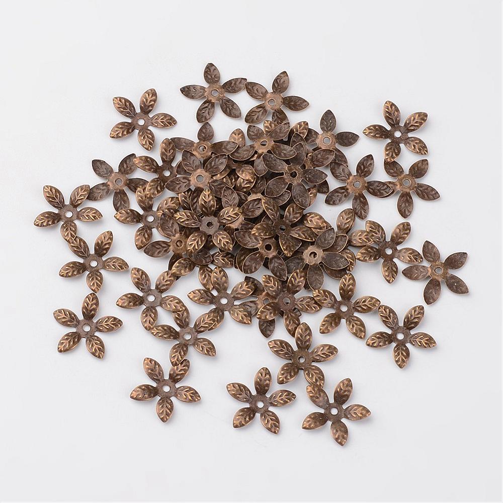 PandaHall Iron Bead Caps, Flower, Nickel Free, Antique Bronze Color, about 15mm in diameter, 2mm thick, hole: 2mm Iron