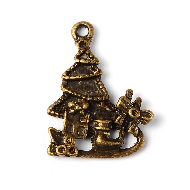 PandaHall Zinc Alloy DIY Antique Bronze Vintage Tibetan Silver Sleigh with Christmas Tree & Gift Pendants, Lead Free and Nickel Free...