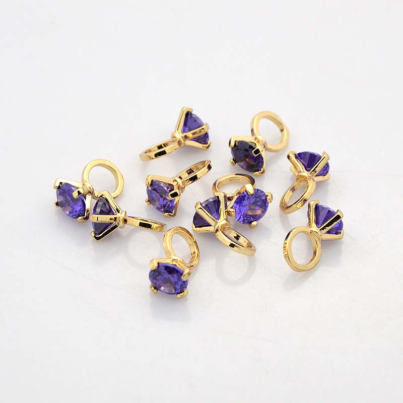 PandaHall Real Gold Plated Brass Rhinestone Pendants, Diamond Rings Charms, Tanzanite, 12x8mm, Hole: 5mm Brass+Rhinestone Diamond