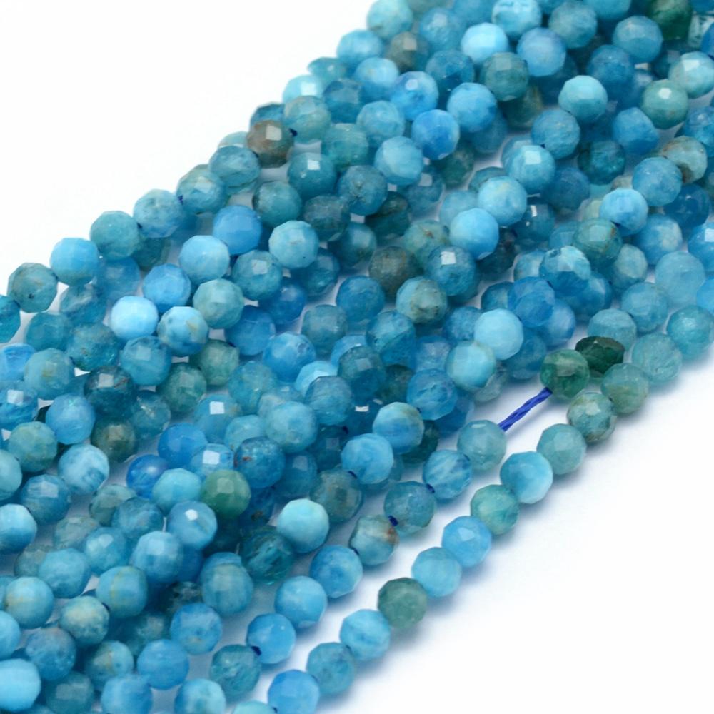 PandaHall Natural Apatite Beads Strands, Faceted, Round, 3mm, Hole: 0.5mm; about 113pcs/strand, 15.35"(39cm) Apatite Round