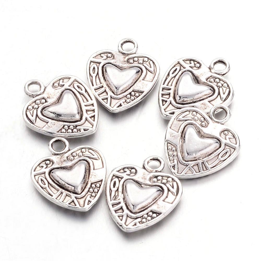PandaHall Tibetan Style Zinc Alloy Charms, Double-sided Heart, Lead Free, Antique Silver, 15.5x12x3mm, Hole: 1.5mm Alloy Heart