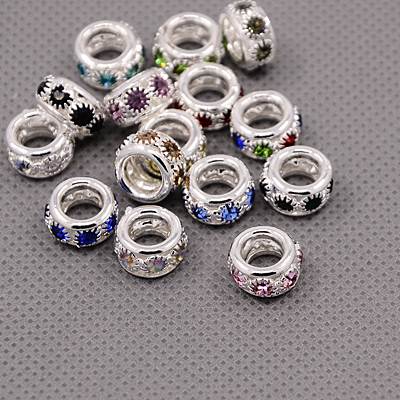 PandaHall Brass Rhinestone European Beads, Large Hole Beads, Grade A, Rondelle, Silver Metal Color, Mixed Color, 10x5~6mm, Hole: 5mm...