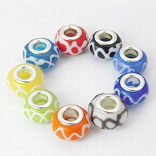 PandaHall Handmade Lampwork European Beads, with Silver Color Brass Double Cores, Large Hole Beads, Rondelle, Mixed Color, Size: about 13mm...