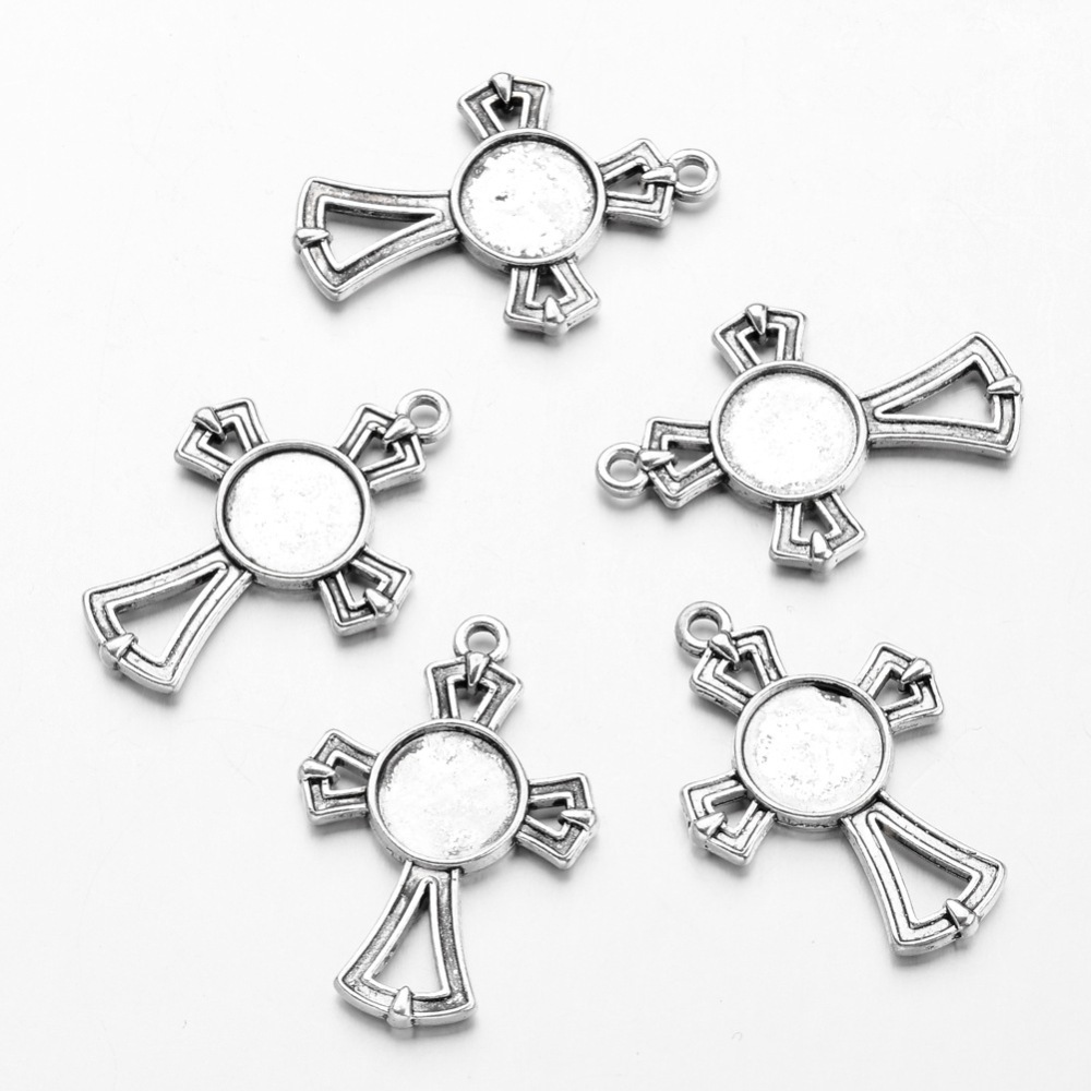 PandaHall Alloy Pendant Cabochon Settings, Lead Free and Cadmium Free, Cross, Antique Silver, 30x21x2mm, Tray: 9mm; Lead Free Alloy Cross