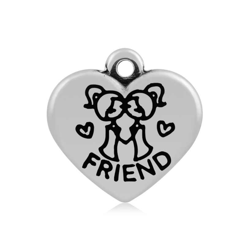 PandaHall Heart with Word Friend 316 Stainless Steel Pendants, Antique Silver, 16x16.5x4mm, Hole: 2mm Stainless Steel Heart
