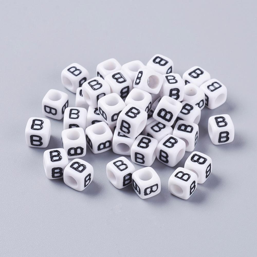 PandaHall 6MM Letter B Cube Acrylic Beads, White, Size: about 6mm wide, 6mm long, 6mm high, hole: 3.2mm, about 300pcs/50g Acrylic Cube White