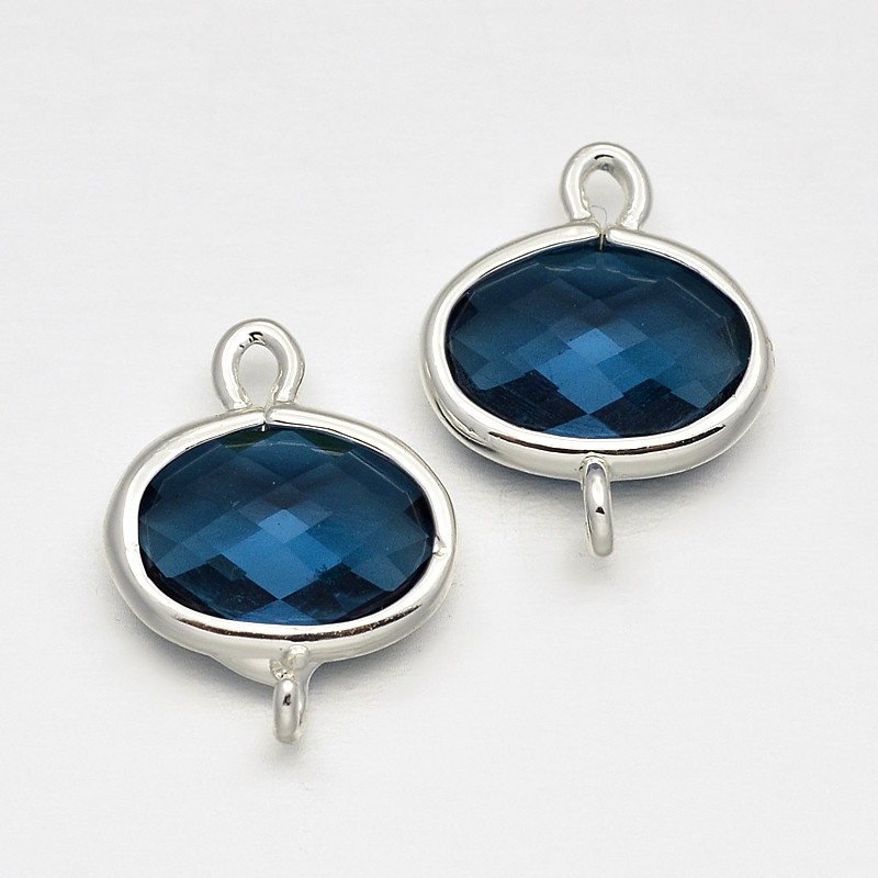 PandaHall Silver Tone Brass Glass Links, Faceted Oval, PrussianBlue, 14x11x4mm, Hole: 1mm Glass Oval Silver